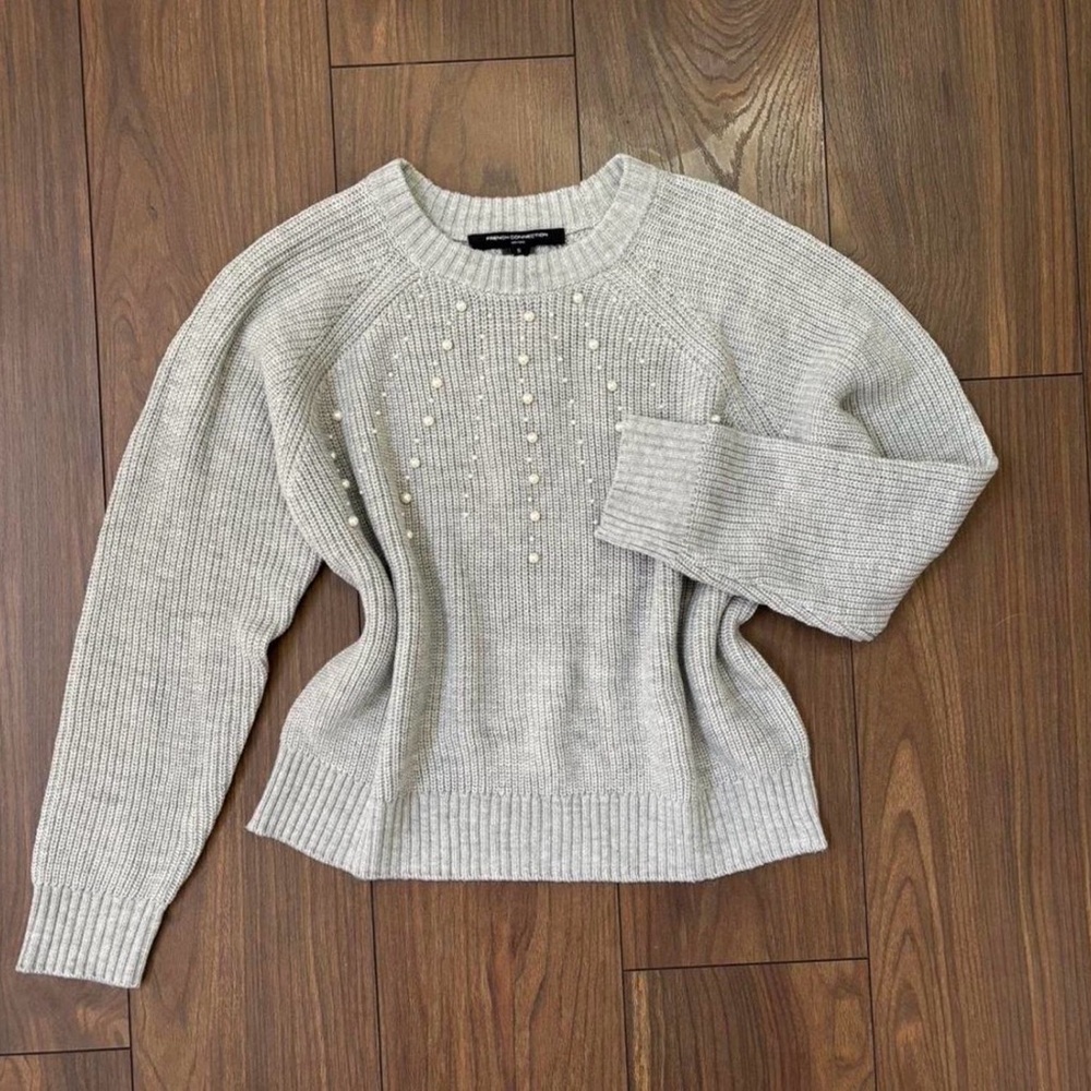 French Connection Pearl-Embellished Light Grey Crewneck Sweater